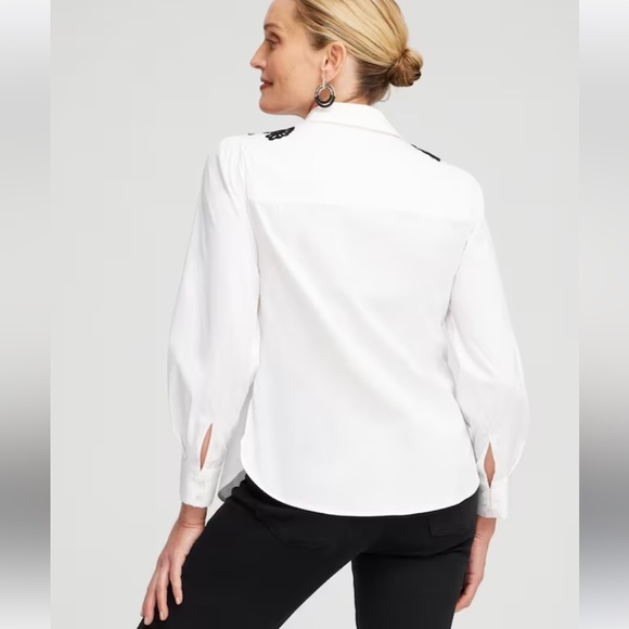 :: CHICO’S Poplin Black Lace on White Appliqué Blouse Dressy Shirt SOLD … - Picture 3 of 14